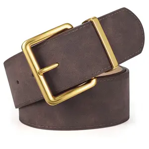 Women Wide Chunky Belt for Dresses Fashion Thick Suede Belt with Gold Buckle