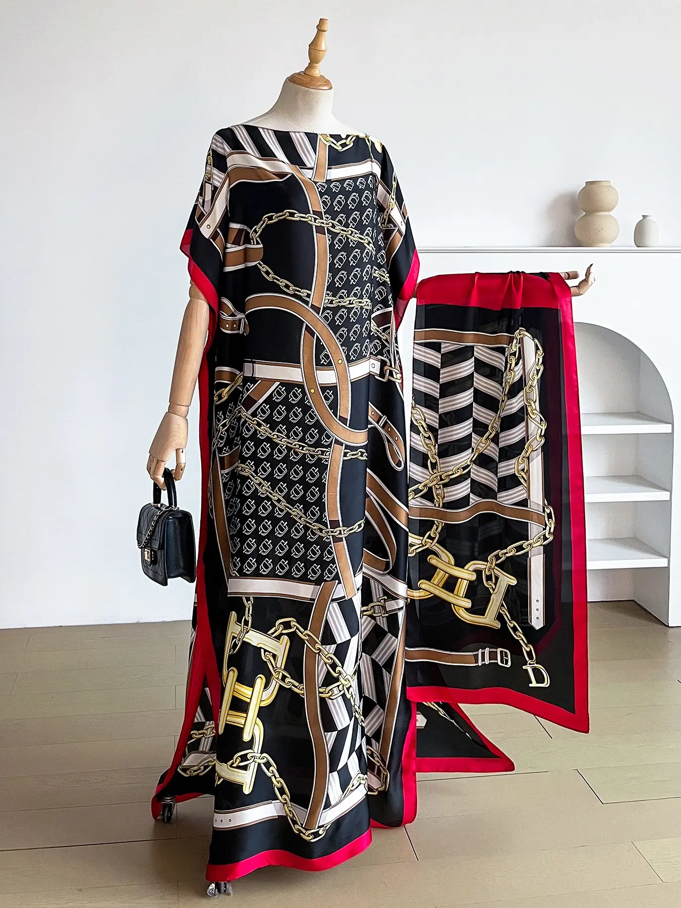 Women's Elegant Chic Geometric Pattern Robe Set, Long Dress + Headscarf Scarf Hairband, Beach Sun Protection Summer Satin Silk Shawl