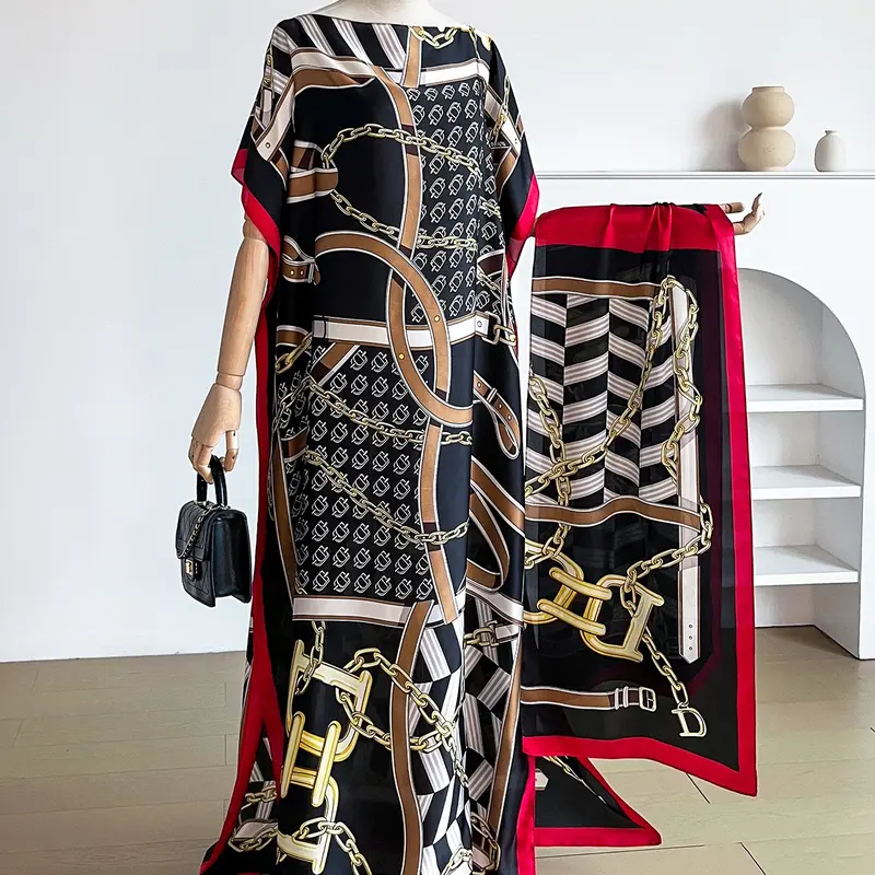 Women's Elegant Casual Geometric Pattern Robe Set, Long Dress + Headscarf Scarf Hairband, Beach Outdoor Sun Protection Satin Shawl, Beach Daily Wear, Summer