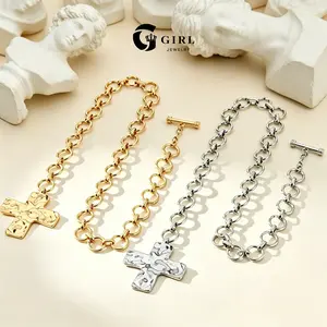 GGIRL Cool And Edgy Gothic Cross Jewelry Set, Textured Pendant Necklace, Chunky Chain With Ot Clasp, Stackable Necklace + Earrings + Bracelet—Perfect For Everyday Wear, Holidays, And Special Occasions