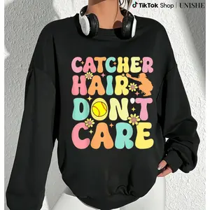Long Sleeve Softball Player Sweatshirt – Catcher Hair Don’t Care Classic Graphic