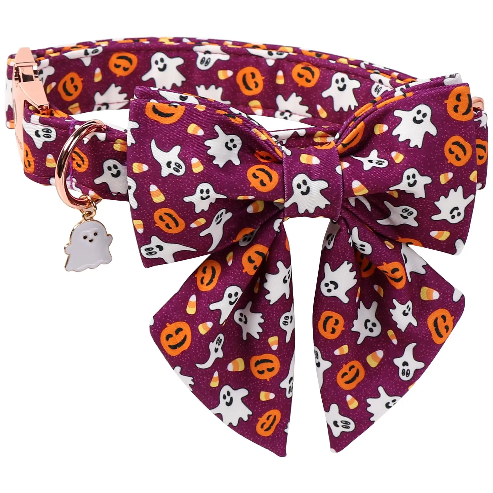 DOGWONG Halloween Dog Collar with Bow Tie, Adjustable Purple Ghost Puppy Necklace with Metal Buckle for Small Medium Large Girl Boy Dog
