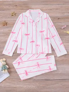 Girls' Sweet Bow Print Pajama Set, Fire Retardant Button Front Long Sleeve Top & Pants, Casual Home Wear, Cartoon Pattern, Ribbon Pajamas, 2 Piece Set