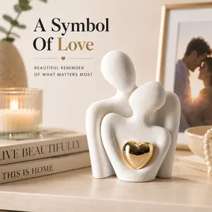 Minimalist Love Theme Mini Couple Resin Figurines, Modern Abstract Couple Statue Decor with Golden Heart Accent, Romantic Home Desktop Ornament for Living Room, Bedroom & Shelf Decor, Cute Valentine’s Day Gift for Couples