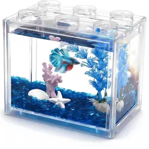 Small Betta Fish Tank 0.6 Gallon Mini Desktop Aquarium with Blue Gravel Resin Decorations Stackable Fish Bowl for Betta Fish Sea Monkey Shrimp Blue