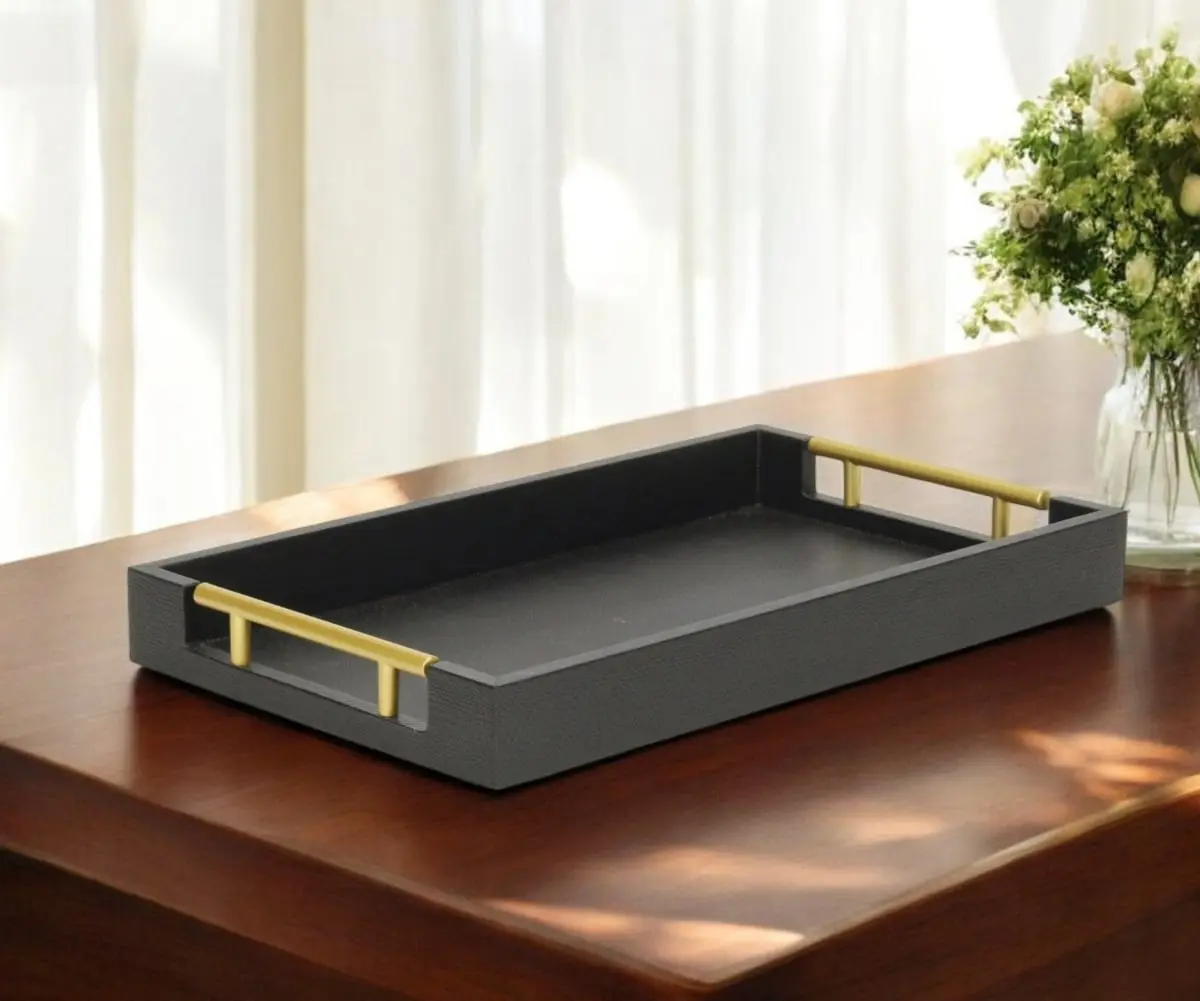 Handmade Black Wood Faux Shagreen Rectangular Serving Tray with 360-Stand, Metal Handles, Gold Accents, 15.75" W, 16 in., 9.5" D, 1.75" height, Flat Bottom Surface, 1.5 lbs, Indoor Use, Modern Kitchen Tableware for Coffee/Plates, Birthday Gift Idea