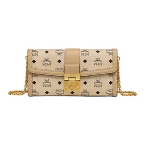 Women's MCM Tracy Monogram Crossbody Bag - Beige Coated Canvas with Leather Trim Chain Strap Shoulder Bag