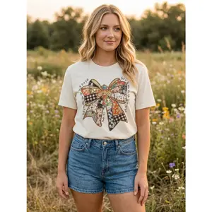 God is Within Her She Will Not Fall Faux Embroidery Patchwork Bow - Short Sleeve Tee in Natural