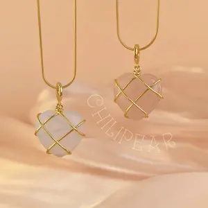 CHLIPEAR Fashion Moonstone Necklace for Cartoon Princess Love Girl Heart Shape Copper Electroplated Real Gold Jewelry 39CM + 7CM Extension Chain