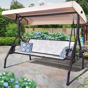 Outdoor Canopy Porch Swing with Stand, 2-in-1 Convertible Patio Bed Swing for 3 Adults, with 2 Free Pillows & Cup Holder