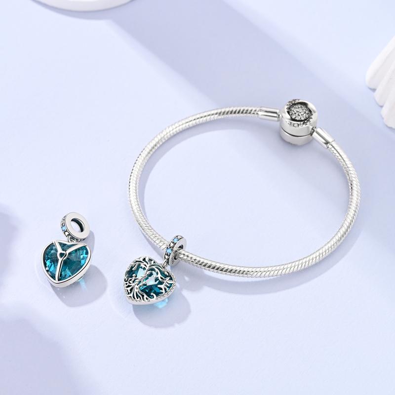 MULA Tree of Life Blue Heart Pendant, 925 Sterling Silver Cubic Zirconia and Glass - Compatible with Pandora Bracelets and Necklaces, Perfect for Mother's Day, Birthdays, Christmas, etc.