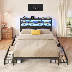 Raybee Industrial Bed Frame with 4 Storage Drawers & 2 Tiers of Shelves, Modern LED Bed Frame with Built-in Power Strip, Platform Bed frame for Full/Queen/King, 880LBS Capacity, No Box Spring Needed,  Storage Solution for Small Bedroom, Apartment, Dorms