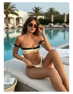 Women's Bikini Set - Contrast Trim Underwire Two Piece Swimsuit, Off Shoulder Push Up Bathing Suit for Beach, Pool, Vacation, Adjustable Straps, Removable Pads