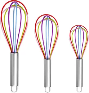 Silicone Whisk, 3 PCS Stainless Steel Wire Whisk Set, Rubber Whisks for Cooking, Non-stick Cookware, Kitchen, Balloon Egg Beater Perfect for Blending, Whisking, Rainbow