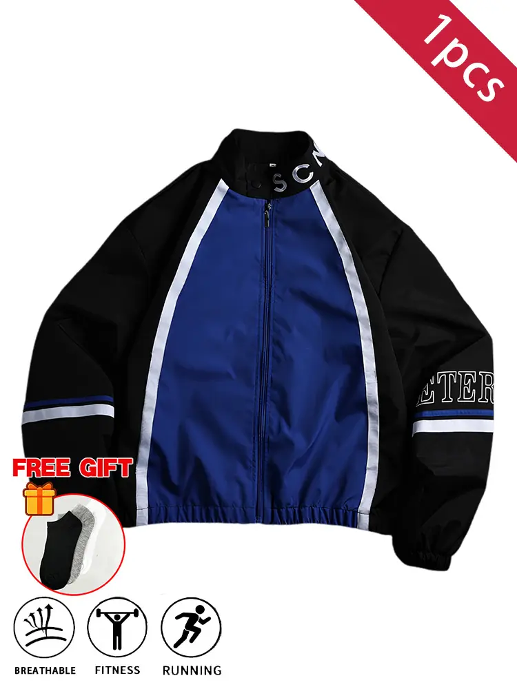 Men’s color-block windbreaker jacket, red and blue, stand collar, zipper design, letter print, striped cuffs, lightweight and windproof, wear-resistant, casual sporty street style outerwear, includes socks