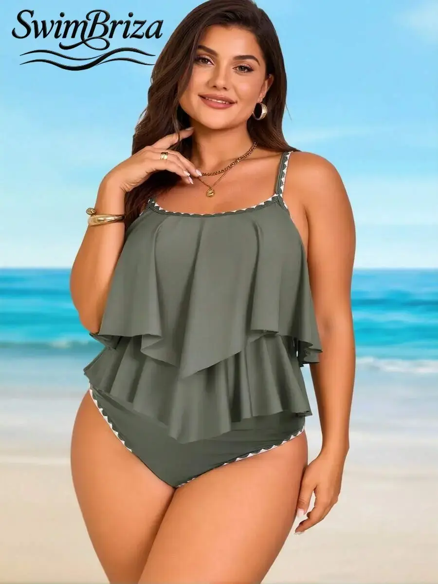 Briza｜Tiered Olive Green Tankini Suit, Tankini Swimsuit For Women Tankini Swimsuits Set, Plus Size Swimwear Plus Size Swimsuits Plus Sized Bathing Suits For Women, Two-Piece Swimsuit With Tummy Control Swimwear As Vacation Swimwear For Women