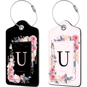 2 count PU Leather Luggage Tag for Suitcases with  Shield and Name ID Tag Address Card Travel Cruise Luggage Tag, Suitable for Men and Women Baggage Handbag Backpack,Flower and Monogram(Letter U