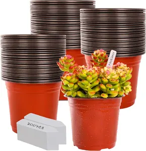 6 Inch Plastic   Pot/Pots (200pcs) with 200  Labels - Red Seedling Flower Containers (Indoor/Outdoor)