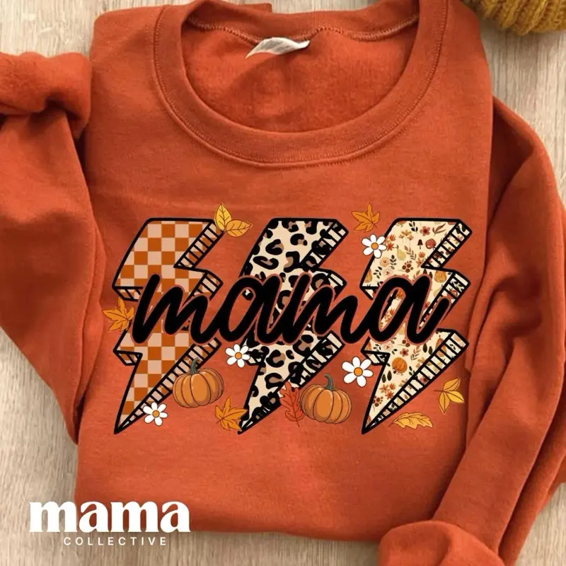 Mama Collective Mama Lightening Bolt Fall Tee Orange Sweatshirt with Leopard and Floral Design
