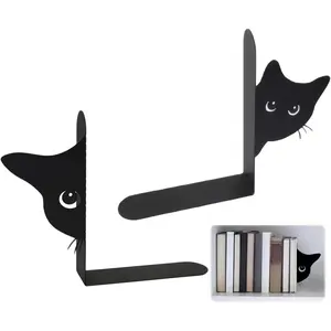 Metal Cat Bookends, 1 Pair Cute Cat Bookends for Shelves Decorative for Home Office Desk Bookshelf Decor (Black,Full-face) Book Holder