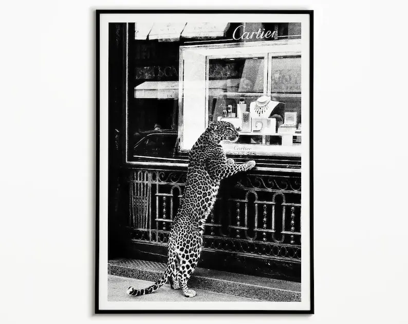 Panther in the Jewelry Shop Poster, Cheetah Print, Black and White, Vintage Photography, Fashion Print, 1950 Wall Art Poster, Vintage Poster