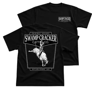 Swamp Cracker Cattle Co Bull Riding T-Shirt, Rodeo Cowboy Graphic Tee, Western Bull Rider Back Print Shirt, Front Chest Logo Ranch Apparel, Bucking Bull Country Western Tee, Rodeo Fan Gift For Cowboy Men Women