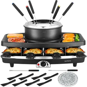 Electric Raclette BBQ Grill with Fondue Pot Sets Portable Korean Indoor Electric Table Grill Cheese Raclette Dual Adjustable Thermostats Serves 8 Perfect for Parties and Family Fun