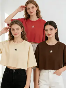 Youthful Cute Women's Short Crop Top 3-Piece Set, Loose Fit Mid-Sleeve Design, Round Neck, Casual & Trendy, Ethnic Pattern, Perfect for Daily Wear