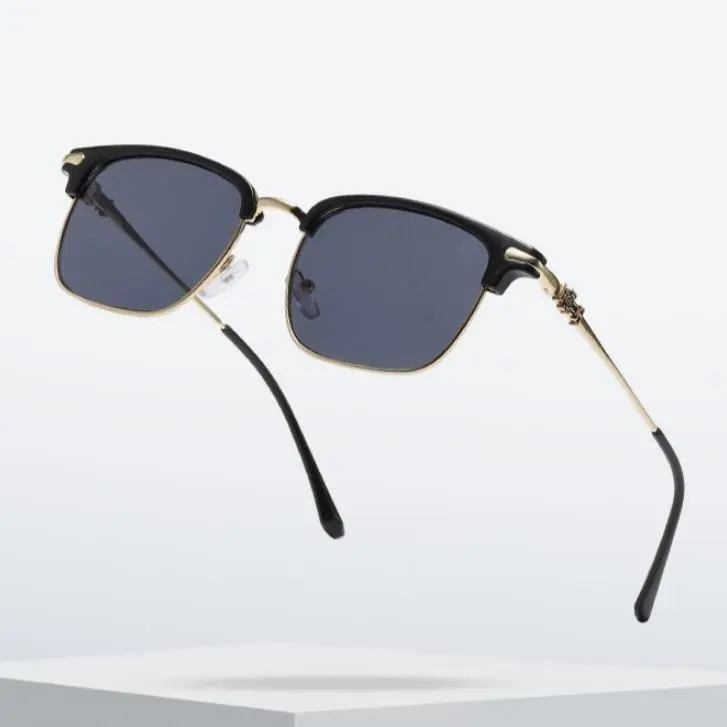 New Fashion Half Frame Sunglasses for Men Women Retro Semi Rimless Round Glasses Outdoor Cycling Sunglasses with Gold Trim and Black Lenses