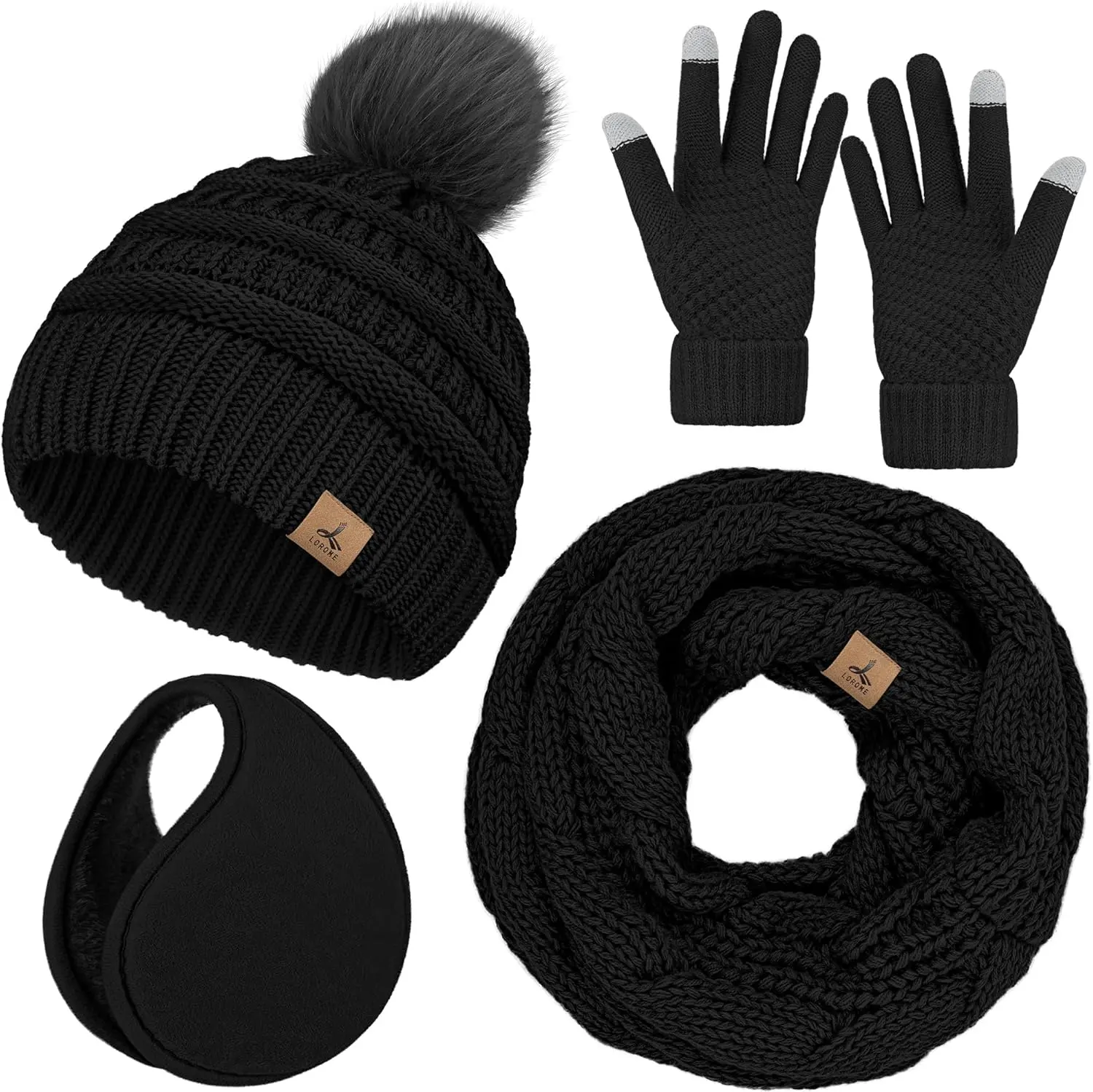 LOROME 4-Piece Knit Winter Hat Scarf Gloves Set for Women | Knit, 4-Piece, Touchscreen, Ear Warmer, Women Winter