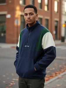 men's colorblock patchwork letter embroidery zip up sweatshirt, casual loose long sleeve drawstring stand collar pullover for fall & winter, men's clothes for daily wear, longsleeves colorblock hoodie