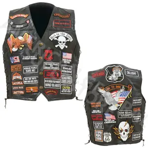 Men’s Black Buffalo Leather Biker Vest Motorcycle Club MC with 42 Patches, US Flag & Eagle