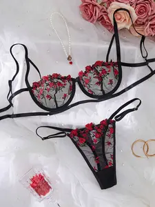LUSHLACE Floral Embroidered Mesh Lingerie Set, Sexy Rave Outfit