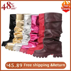 Platform Heel Slouch Boots for Women Casual Heeled Metallic Mid Calf Boots Wide Calf Fold Over Boots