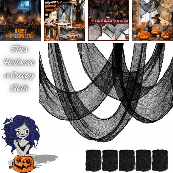 5 Pcs Halloween Creepy Cloth, 30×72 Inch Black Spider Web Fabric, Spooky Halloween Decorations for Indoor Outdoor, Haunted House, Party, Porch, Yard & Table Decor