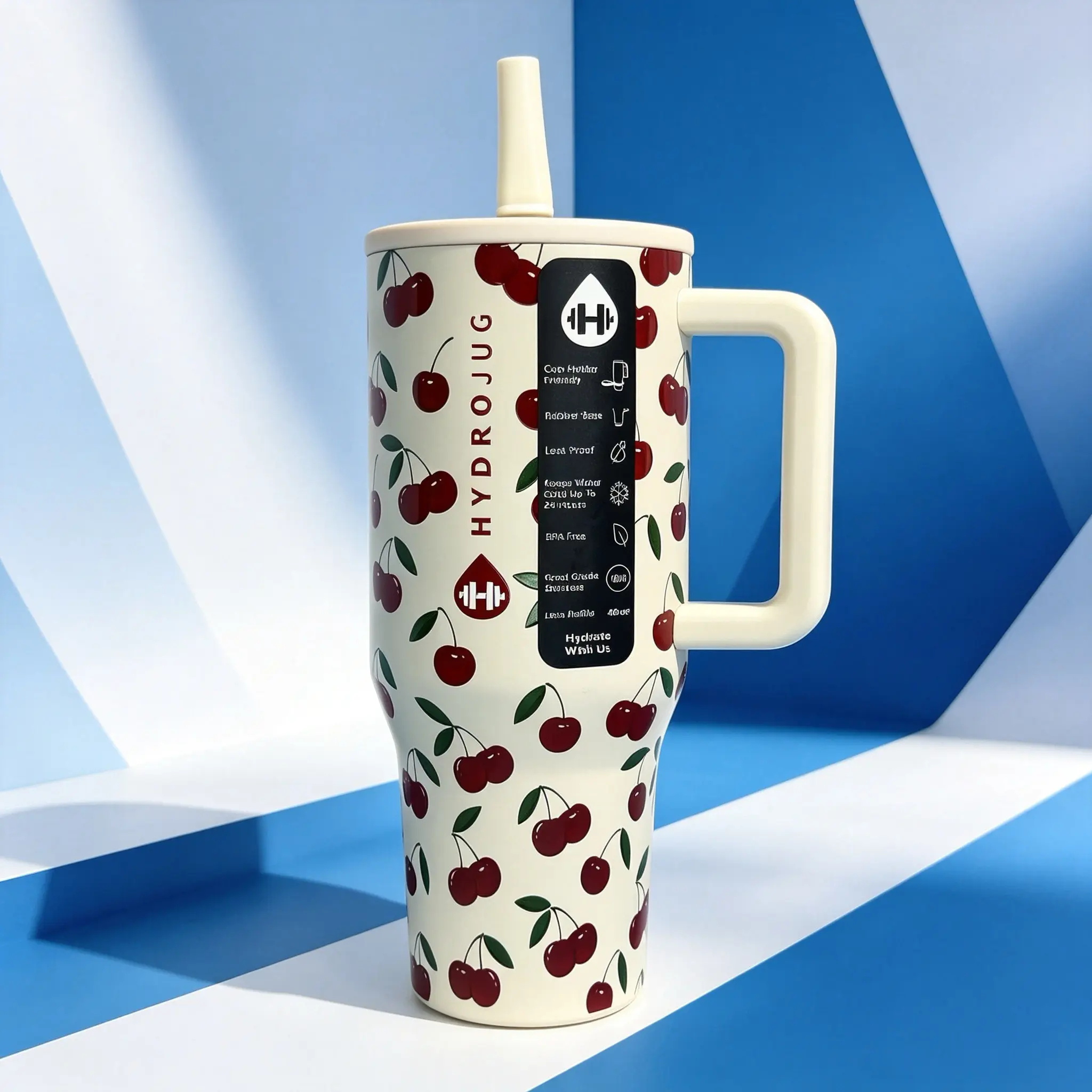 40oz HydroJug Handled Tumbler - Retro Cream Background with Cherry Fruit Pattern, Vacuum Insulated Drinkware Flask, BPA-Free Straw Lid, Car Cup Holder-Fit for Road Trip & Daily Use, Flasks