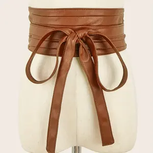 Wide Waistband PU Bowknot Sash Belt Vintage Black Tassel Obi Dress Girdle for Women  Brown