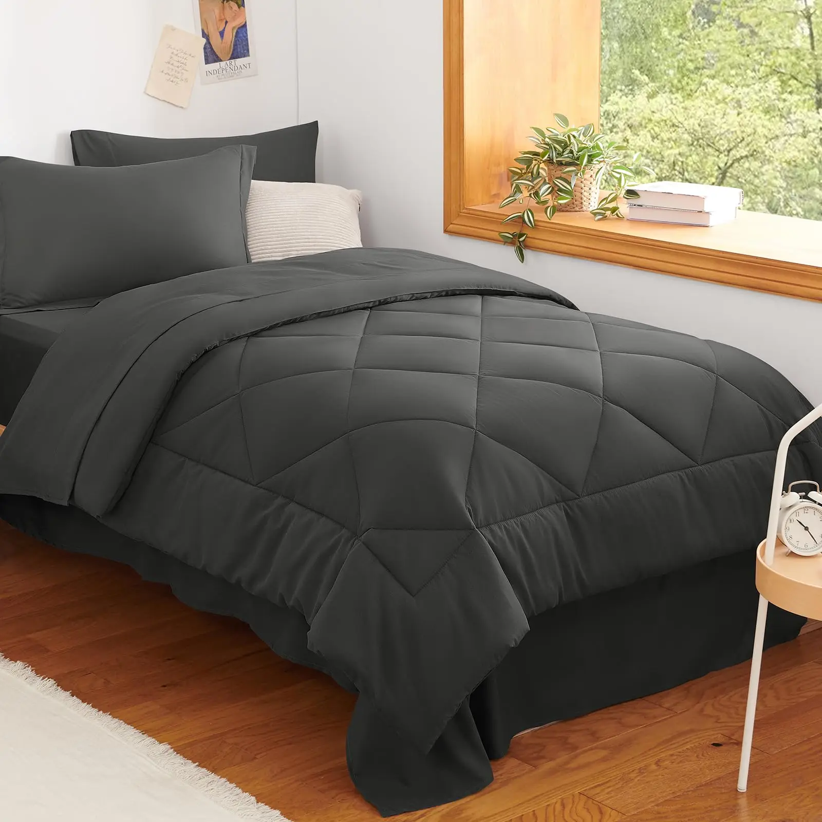 CozyLux Twin XL Size Comforter Set 5 Pieces Dark Grey Twin Extra Long Bed in a Bag for College Dorm All Season Bedding Sets with Comforter, Pillow Shams, Flat Sheet, Fitted Sheet and Pillowcases