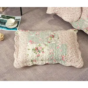 Brilliant Sunshine Traditional Rose and Sage Patchwork Pillowshams Set, Quilted Standard Pillowcases, 20x26 with 2" Flange, Scalloped Edge Pillow Covers, Pack of 2, Pink