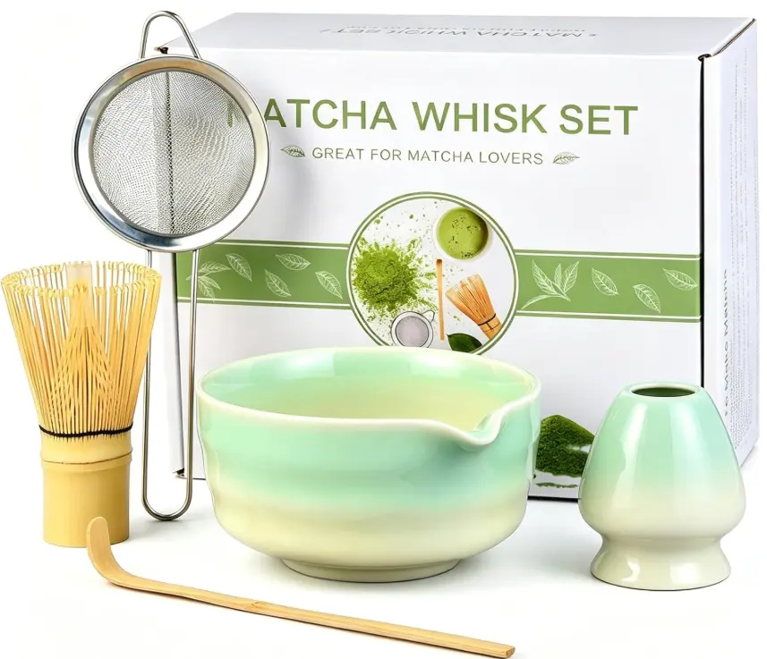 Matcha Whisk Set, 5pcs Japanese Ceremony Matcha Tea Kit Includes Ceramic Matcha Bowl with Spout, Bamboo Whisk & Holder, Traditional Scoop, Stainless Sifter, Gift for Matcha Lovers Beginner