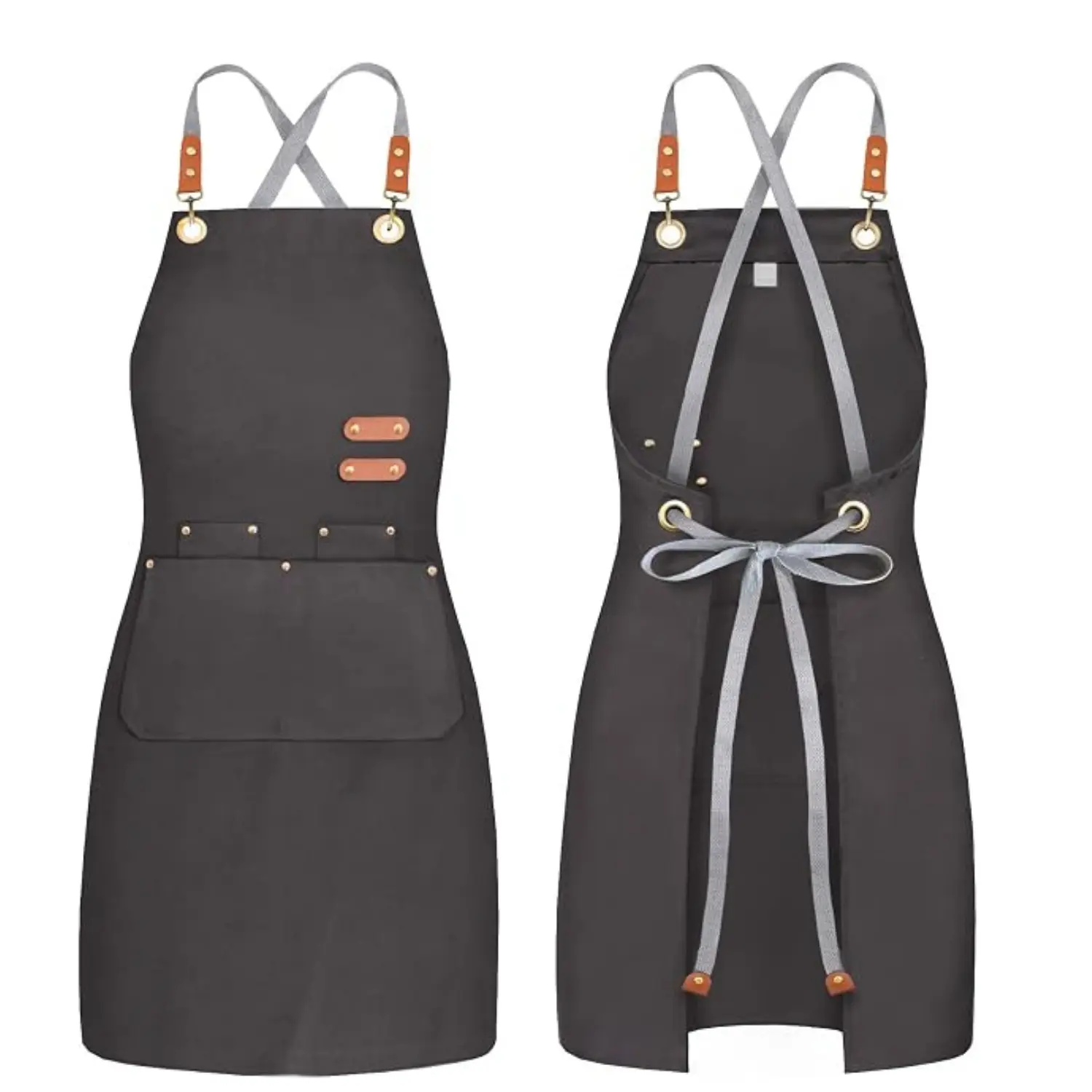 2Pcs Canvas Kitchen Apron, Cross Back or Adjustable Strap Design, 4 Utility Pockets, Water & Oil Resistant Fabric for Cooking Gardening & Crafts - Home Improvement.