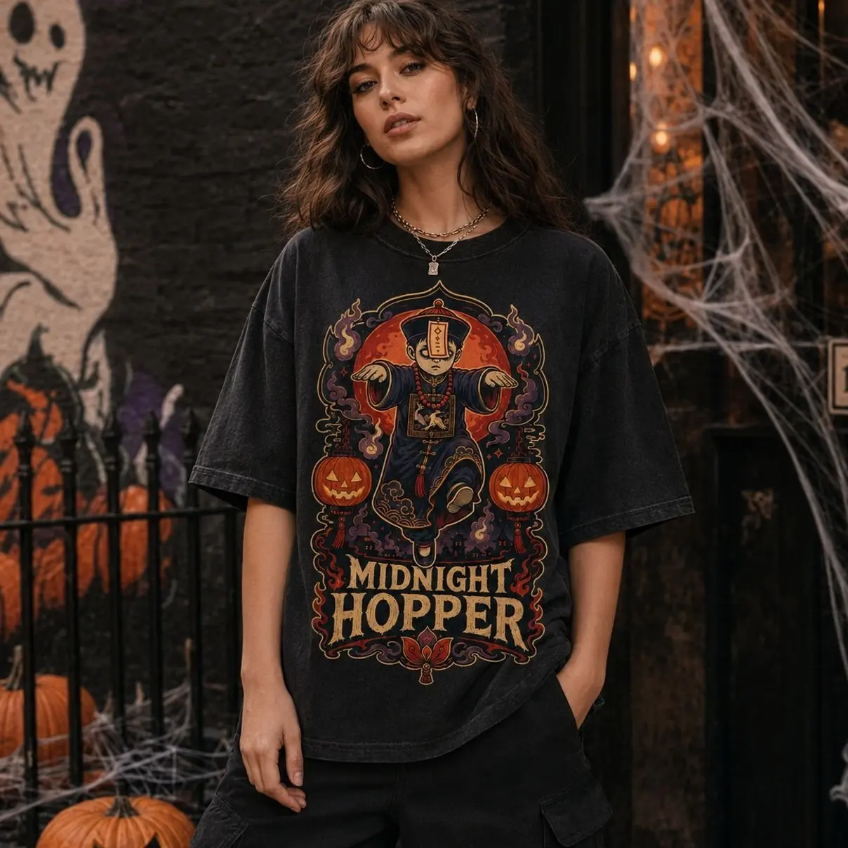 Midnight Hopper Graphic Halloween T-Shirt Vintage Style Cotton Oversized Fit Casual Apparel