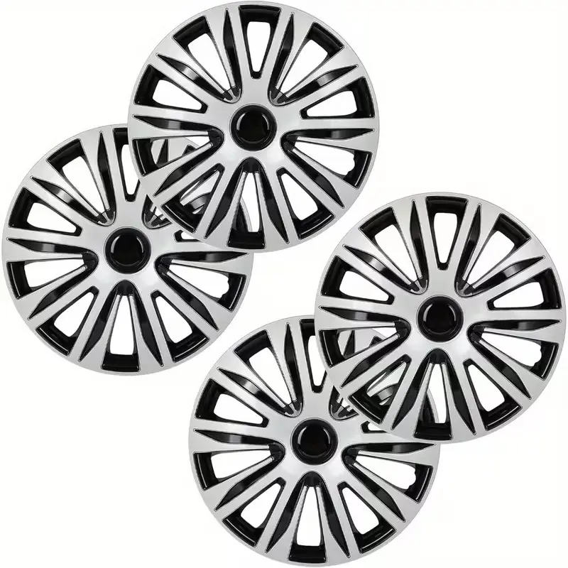 Car Wheel Rim Skin 4 Pack 16 inch Cover Hub Caps Hubcap Wheel Cover Gloss Black & Silver Replacements for OEM Steel Wheels, High Grade ABS with Retention Ring