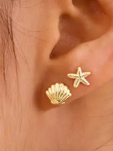 Women's Shell & Starfish Stud Earrings Set, Elegant Copper Jewelry for Summer Beach, Perfect Gift for Ladies, All Season Wear, Fashionable Jewelry Accessories
