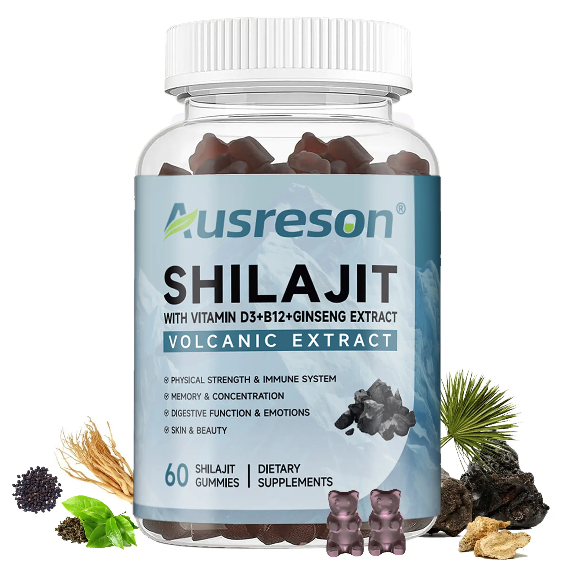 Himalayan Shilajit Gummies With Ashwagandha, Maca, Vitamin D3, Vitamin B12, for Energy, Men Confidence, Gluten-free, Vegetarian, Non-GMO, Dairy Free,