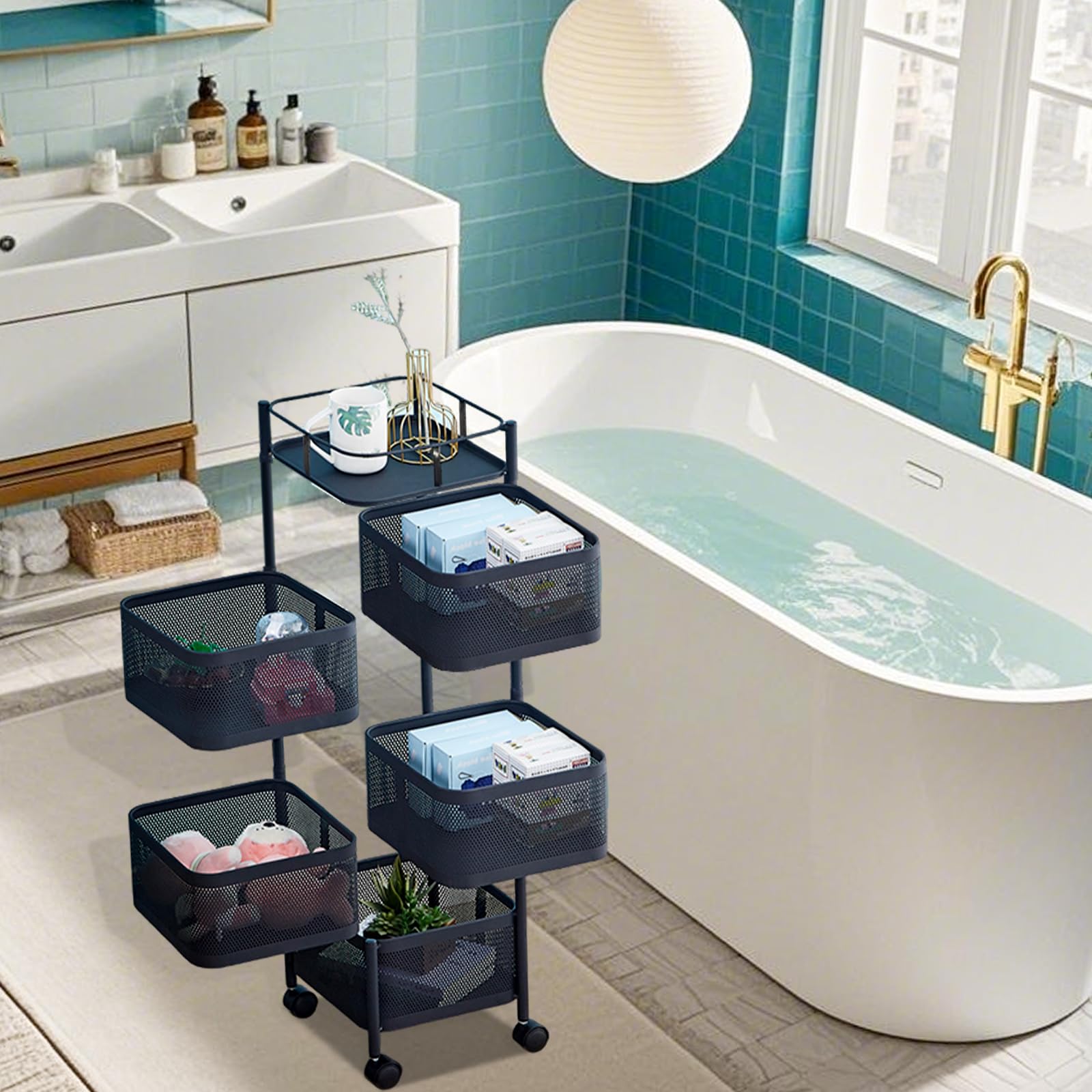 5/6 Tier Rotating Metal Mesh Storage Cart, Rolling Kitchen Organizer with Lockable Wheels, Space-Saving Multi-Tier Shelf for Pantry Bathroom Living Room