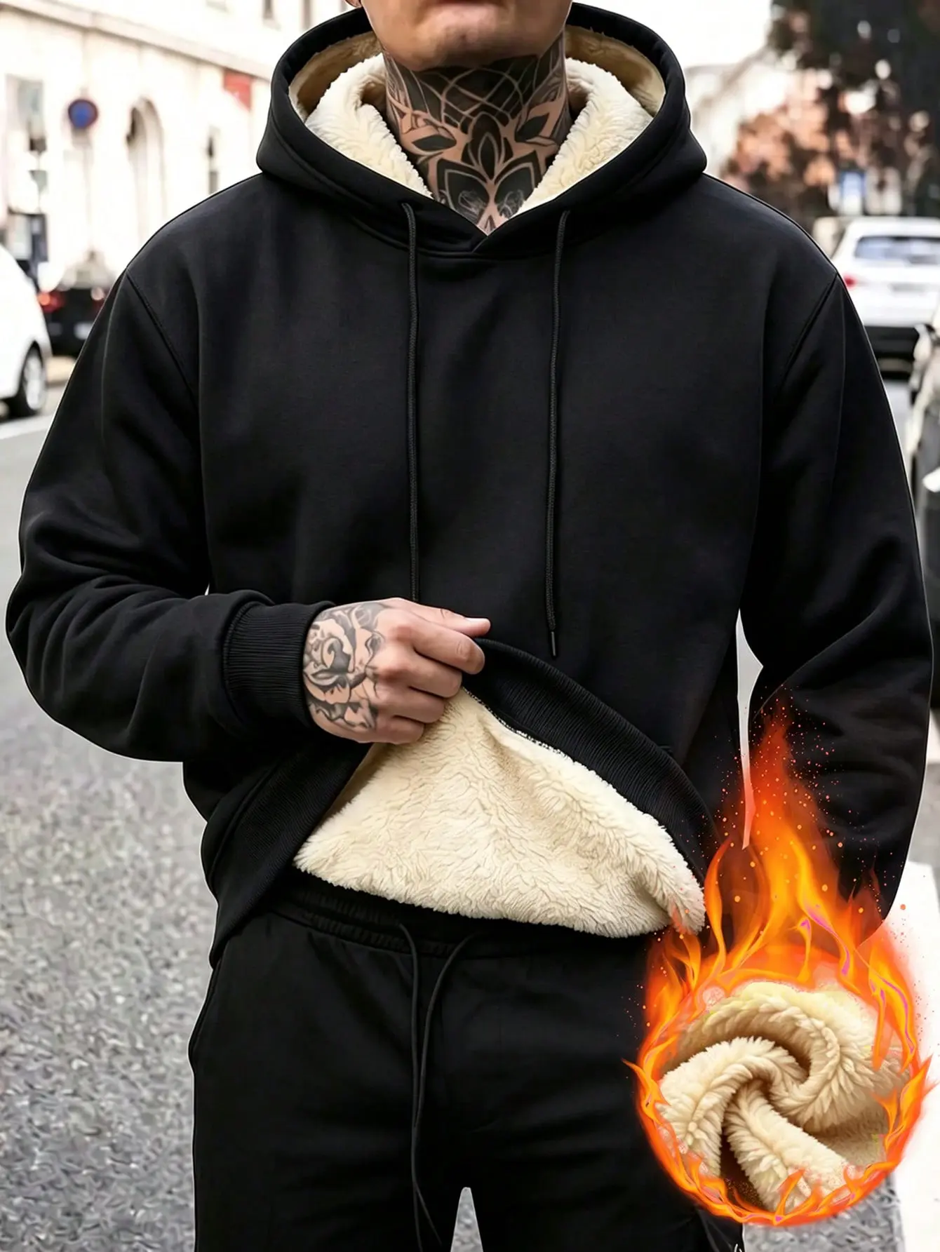 Men's Plain Black Sherpa Fleece-Lined Hoodie - Casual Menswear Tops with Drawstring Hood, Kangaroo Pocket, Thick Warm Winter Pullover Cold-Weather Outerwear