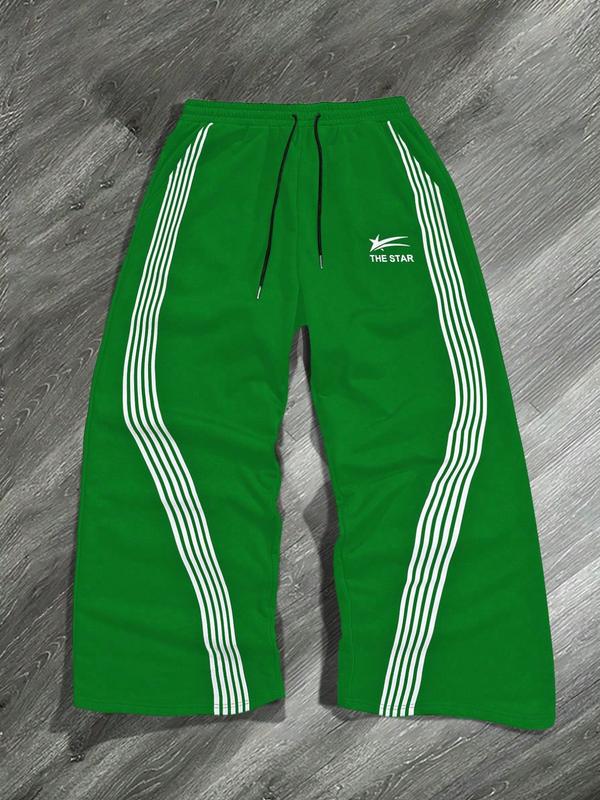 Women's Wide-Leg Track Pants, elastic drawstring waist with contrast side stripes and "THE STAR" logo print, relaxed fit for streetwear, dance and casual daily wear, available in multiple colors