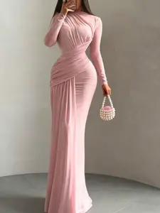 Elegant Knit Bodycon Fit Long Dress, Ruffle Details, Long Sleeve Round Neck, Casual Party Vintage Style, Women's Fashion, Womenswear