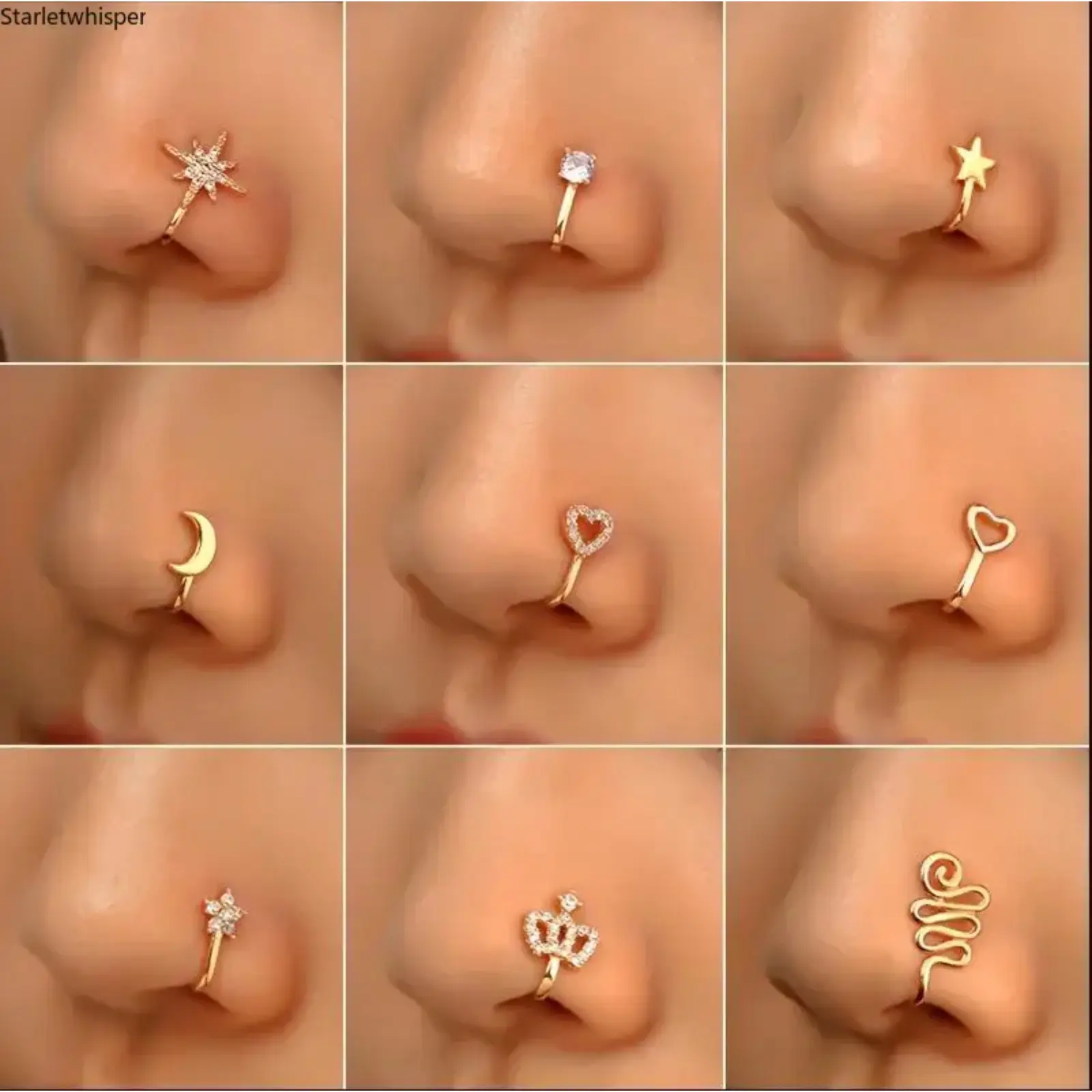 9Pcs Non Piercing Nose Ring Set, Copper Fake Nose Clip with Cubic Zirconia, U Shape Star Heart Crown Design, Trendy Stackable Style for Daily Wear, Parties & Street Style Outfits